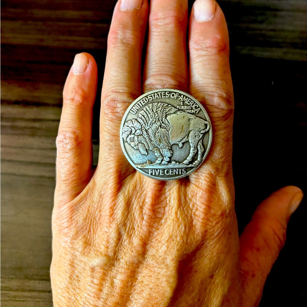 Buffalo nickel adjustable ring. Sterling silver. Oversized but lightweight.